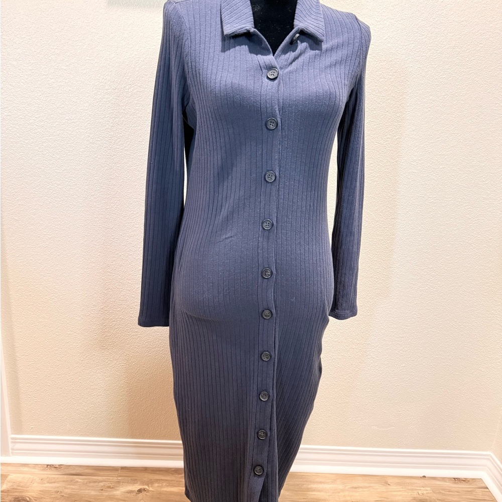 Madewell Slate Blue Ribbed Button-Front Long Sleeve Dress